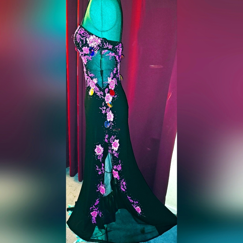 Black and Hot Pink Maxi Gown with One Shoulder Neckline and Mesh Cutouts